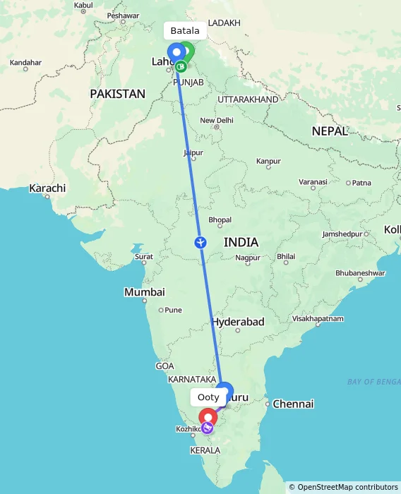 Route map showing distance and travel time from Batala, India to Ooty, India