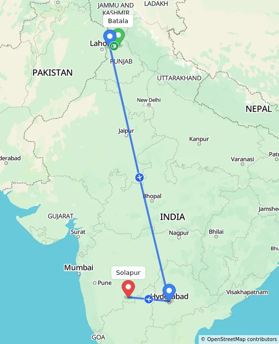 Route map showing distance and travel time from Batala, India to Solapur, India