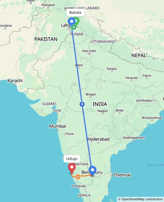 Route map showing distance and travel time from Batala, India to Udupi, India