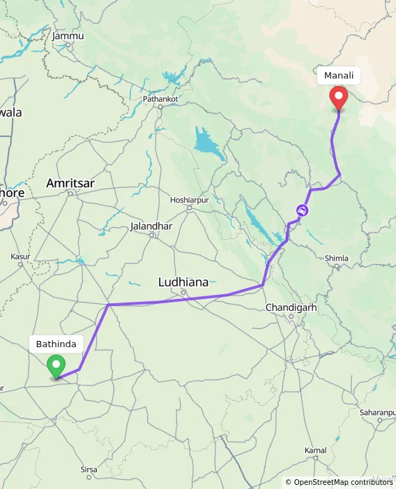 Route map showing distance and travel time from Bathinda, India to Manali, India