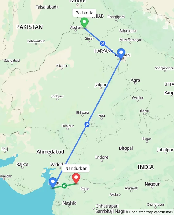 Route map showing distance and travel time from Bathinda, India to Nandurbar, India