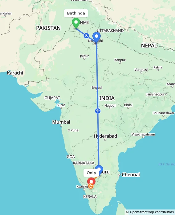 Route map showing distance and travel time from Bathinda, India to Ooty, India