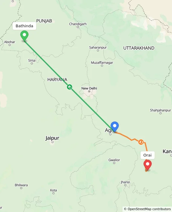 Route map showing distance and travel time from Bathinda, India to Orai, India