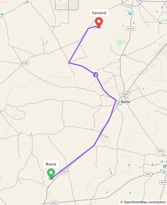 Route map showing distance and travel time from Bavla, India to Sanand, India
