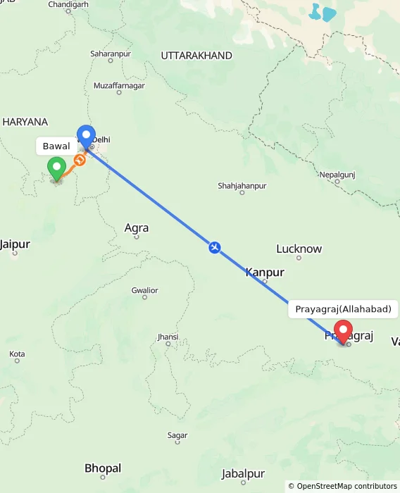 Route map showing distance and travel time from Bawal, India to Allahabad, India