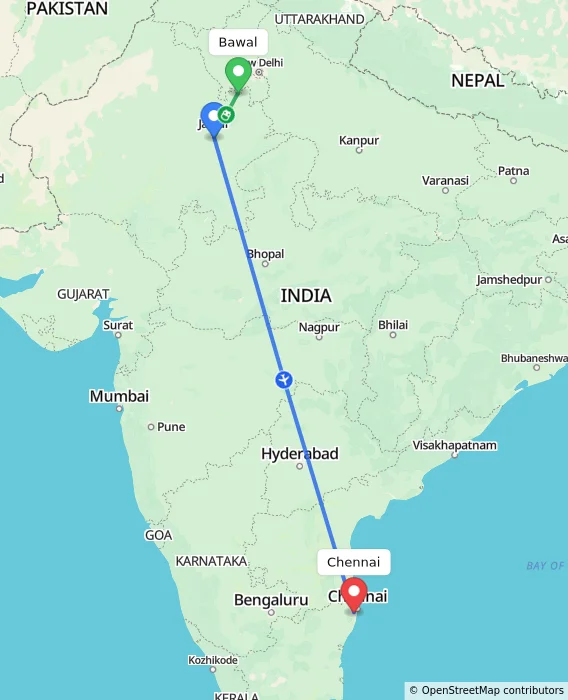 Route map showing distance and travel time from Bawal, India to Chennai, India