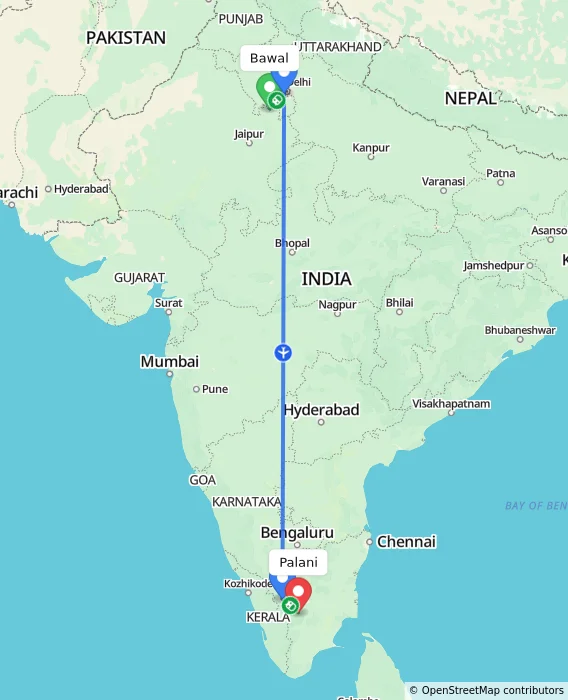 Route map showing distance and travel time from Bawal, India to Palani, India