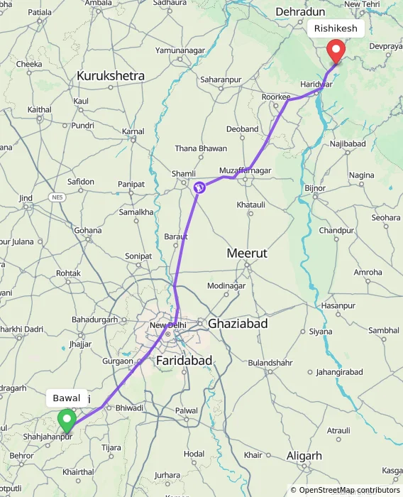 Route map showing distance and travel time from Bawal, India to Rishikesh, India