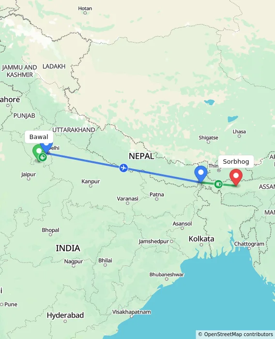 Route map showing distance and travel time from Bawal, India to Sorbhog, India