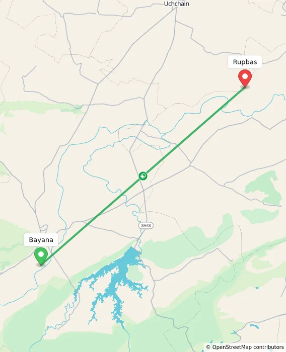 Route map showing distance and travel time from Bayana, India to Rupbas, India