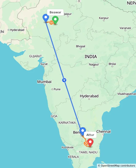 Route map showing distance and travel time from Beawar, India to Attur, India