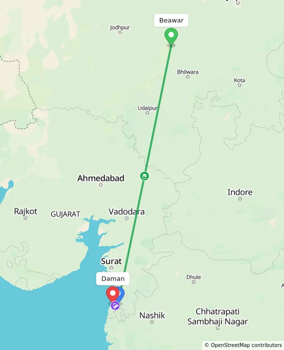Route map showing distance and travel time from Beawar, India to Daman, India
