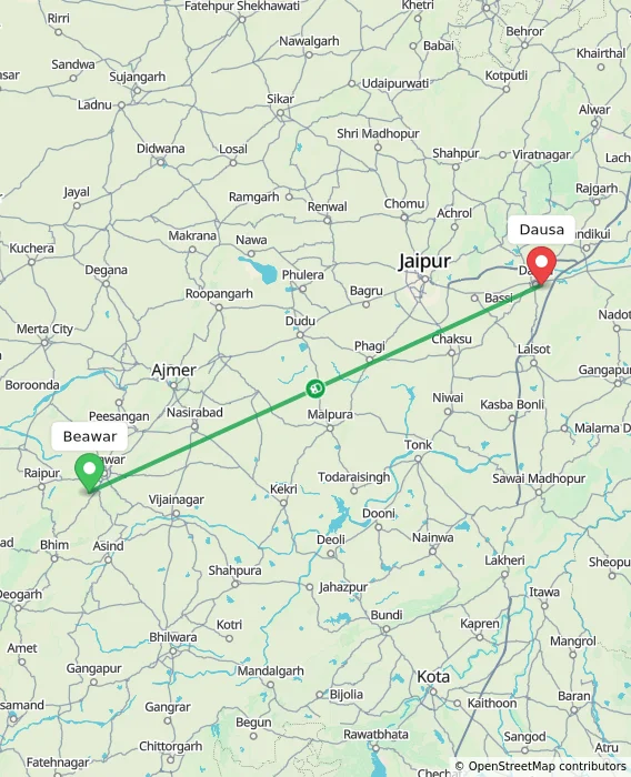 Route map showing distance and travel time from Beawar, India to Dausa, India