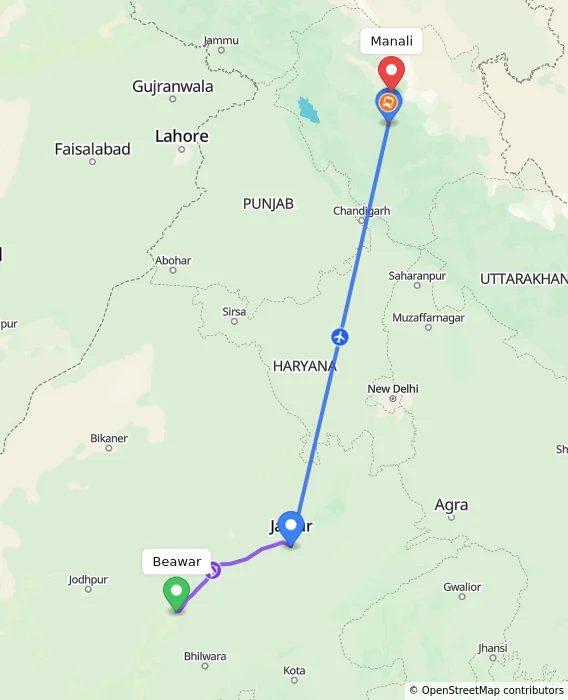 Route map showing distance and travel time from Beawar, India to Manali, India