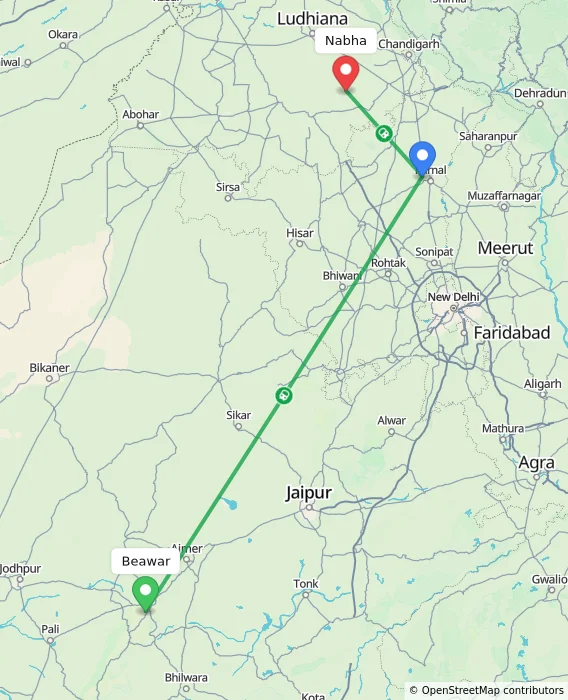 Route map showing distance and travel time from Beawar, India to Nabha, India