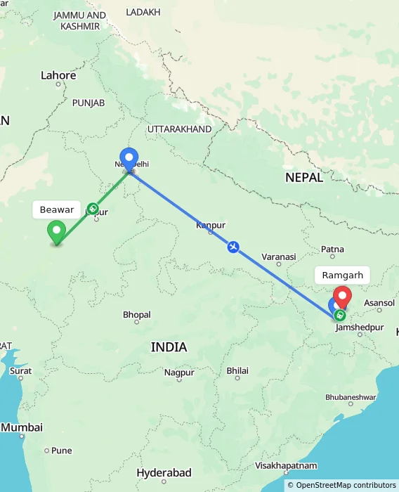 Route map showing distance and travel time from Beawar, India to Ramgarh, India