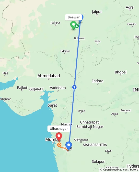 Route map showing distance and travel time from Beawar, India to Ulhasnagar, India