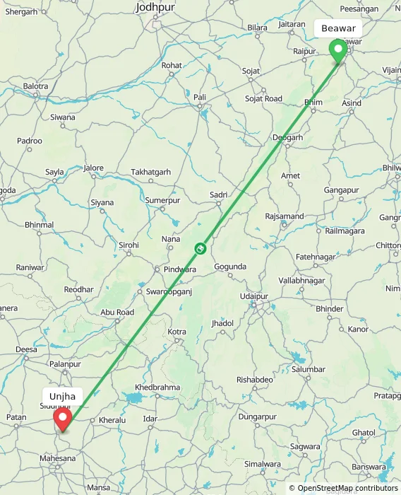 Route map showing distance and travel time from Beawar, India to Unjha, India