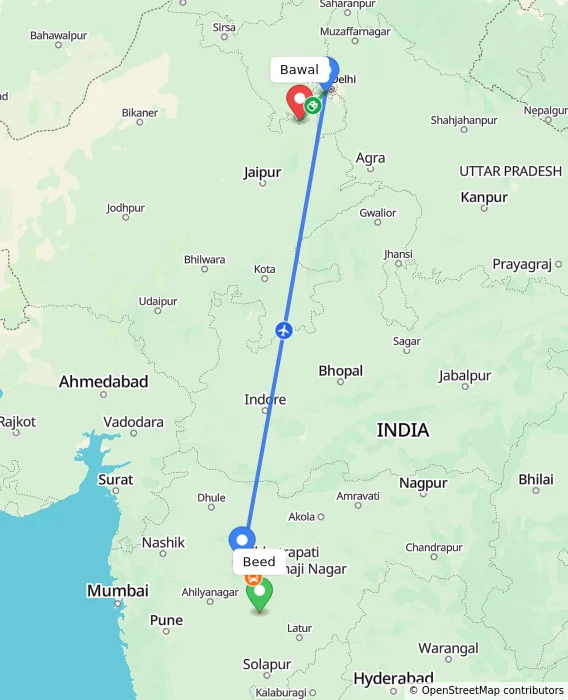 Route map showing distance and travel time from Beed, India to Bawal, India