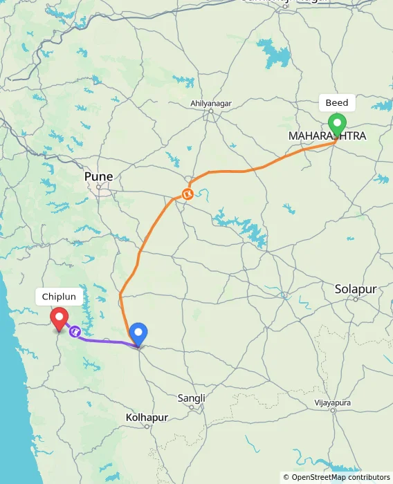 Route map showing distance and travel time from Beed, India to Chiplun, India