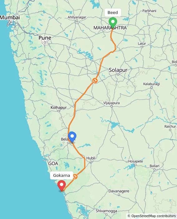 Route map showing distance and travel time from Beed, India to Gokarna, India