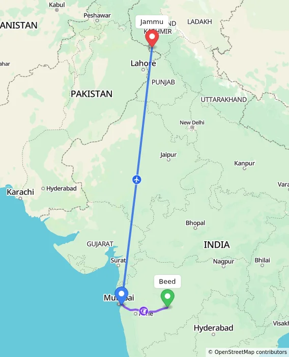 Route map showing distance and travel time from Beed, India to Jammu, India