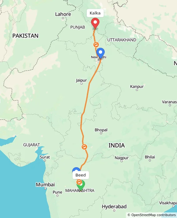 Route map showing distance and travel time from Beed, India to Kalka, India