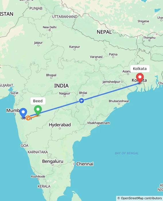 Route map showing distance and travel time from Beed, India to Kolkata, India