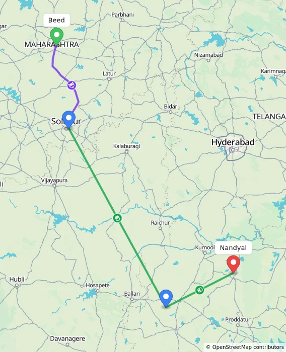 Route map showing distance and travel time from Beed, India to Nandyal, India