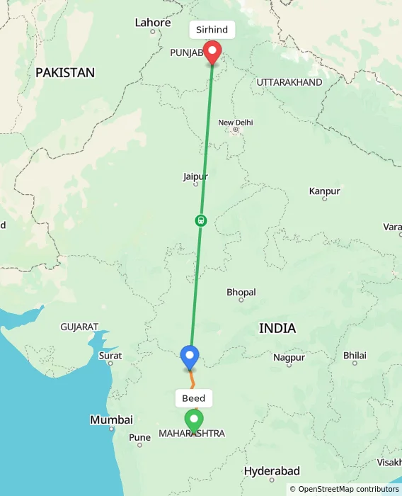 Route map showing distance and travel time from Beed, India to Sirhind, India