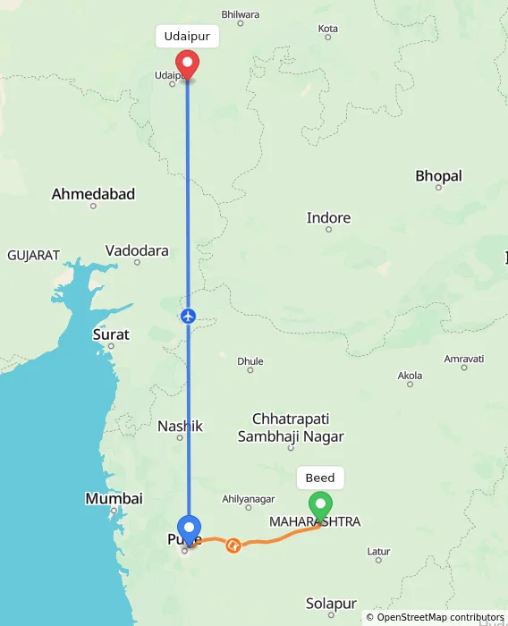 Route map showing distance and travel time from Beed, India to Udaipur, India
