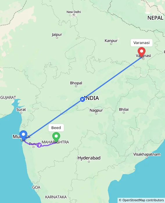 Route map showing distance and travel time from Beed, India to Varanasi, India