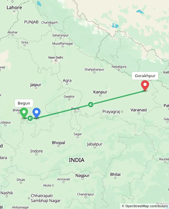 Route map showing distance and travel time from Begun, India to Gorakhpur, India