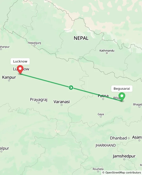 Route map showing distance and travel time from Begusarai, India to Lucknow, India