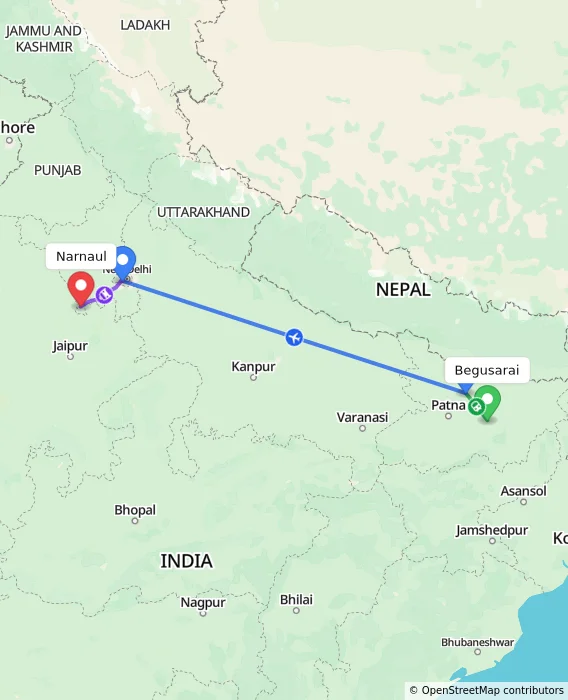 Route map showing distance and travel time from Begusarai, India to Narnaul, India