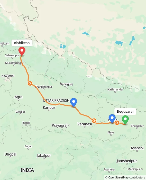 Route map showing distance and travel time from Begusarai, India to Rishikesh, India