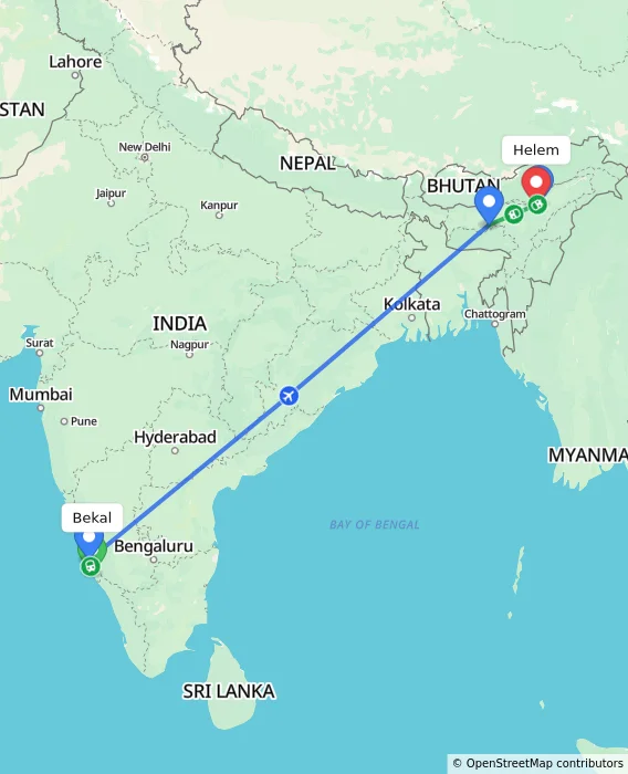Route map showing distance and travel time from Bekal, India to Helem, India