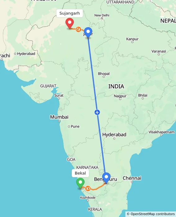 Route map showing distance and travel time from Bekal, India to Sujangarh, India