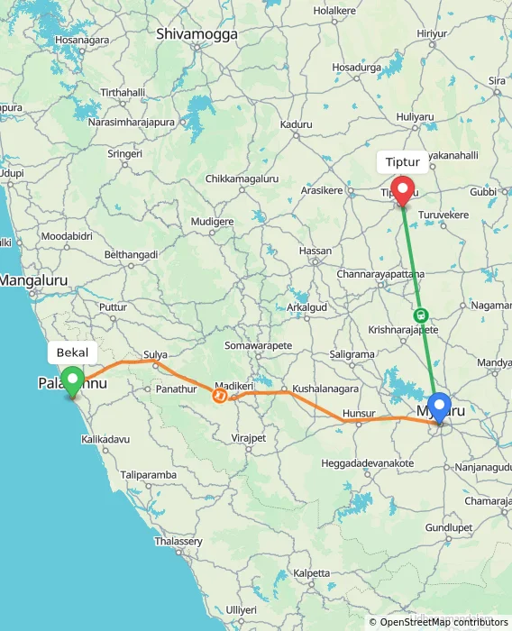 Route map showing distance and travel time from Bekal, India to Tiptur, India