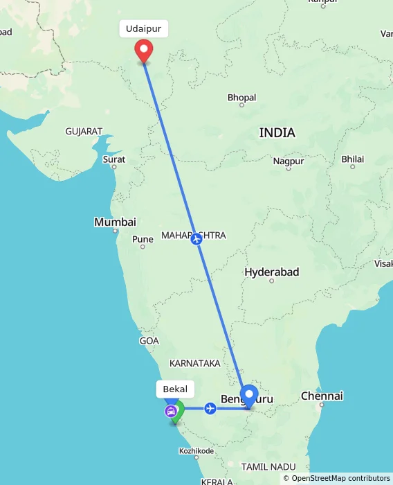 Route map showing distance and travel time from Bekal, India to Udaipur, India