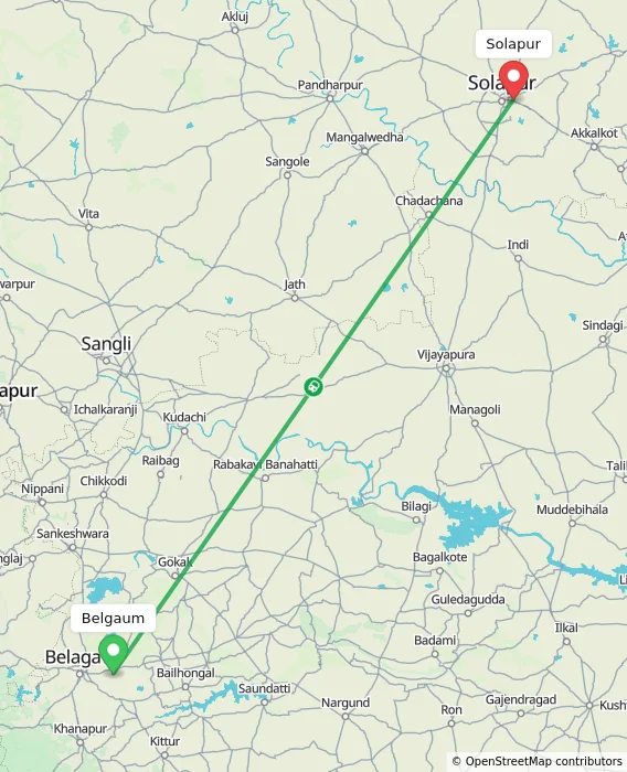 Route map showing distance and travel time from Belgaum, India to Solapur, India