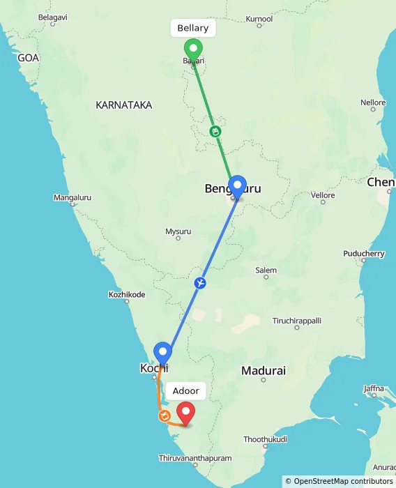 Route map showing distance and travel time from Bellary, India to Adoor, India