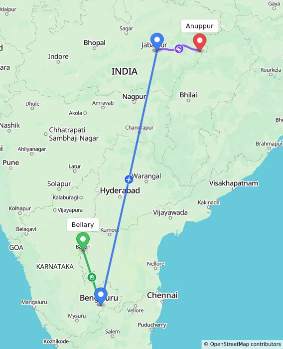 Route map showing distance and travel time from Bellary, India to Anuppur, India