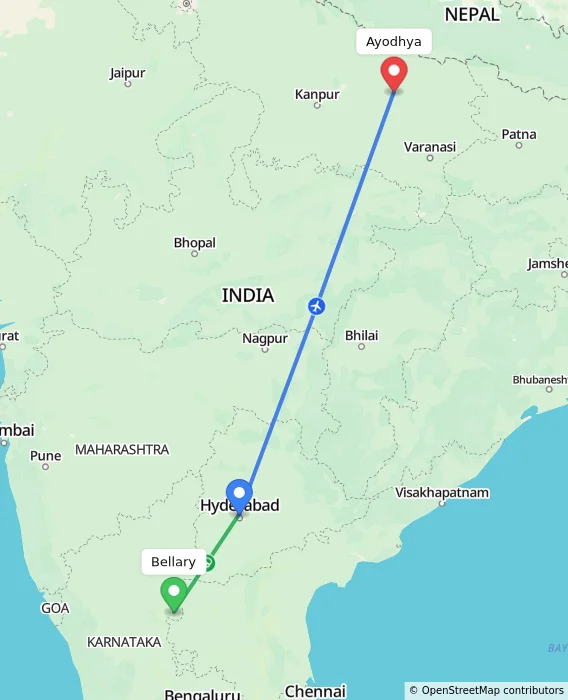 Route map showing distance and travel time from Bellary, India to Ayodhya, India