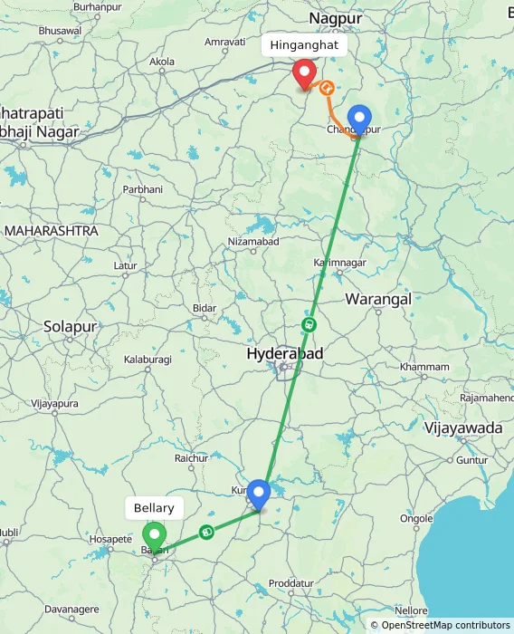 Route map showing distance and travel time from Bellary, India to Hinganghat, India