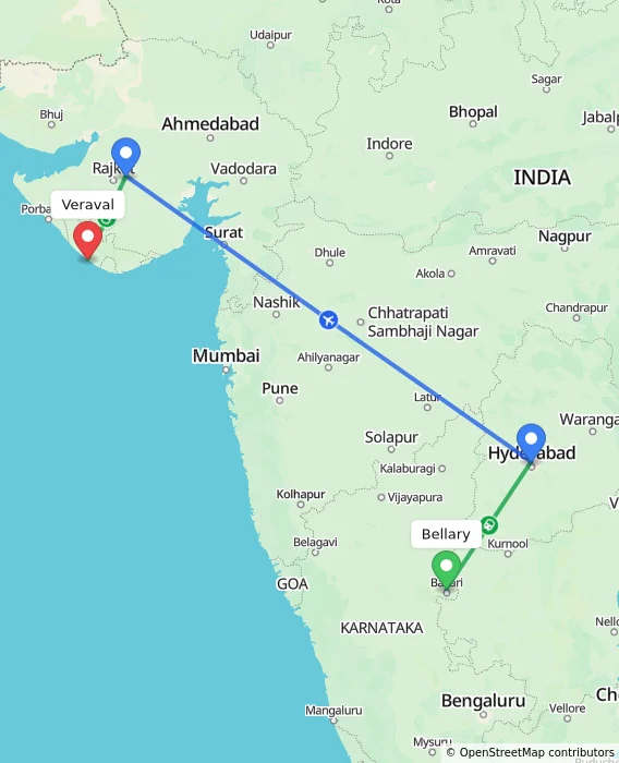 Route map showing distance and travel time from Bellary, India to Veraval, India
