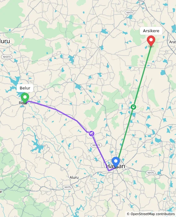 Route map showing distance and travel time from Belur, India to Arsikere, India