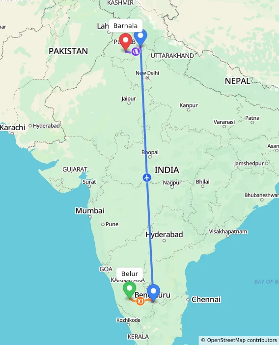 Route map showing distance and travel time from Belur, India to Barnala, India