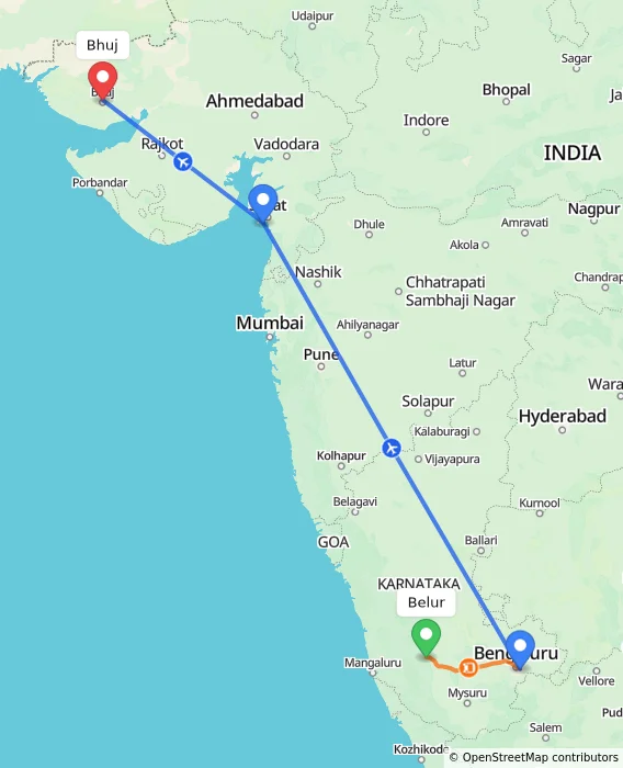 Route map showing distance and travel time from Belur, India to Bhuj, India