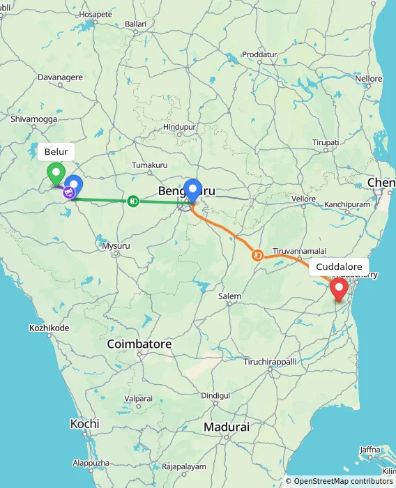 Route map showing distance and travel time from Belur, India to Cuddalore, India